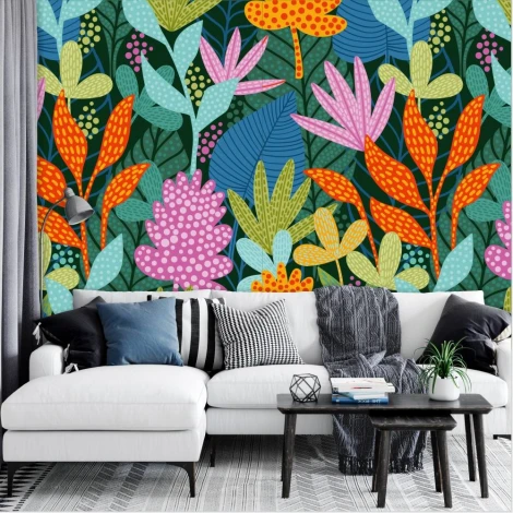 Abstract flower wallpaper 0515 - Living room decor. Green background with colorful plants and flowers.