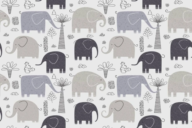 Children\'s room wallpaper with elephants 0510 - Graphic design featuring elephants in shades of gray and plants.
