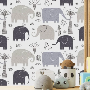Children\'s room wallpaper with elephants 0510 - Graphic design featuring elephants in shades of gray, trees, and plants.