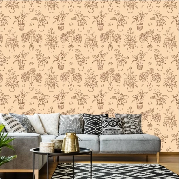 Ficus 0514 wallpaper - Living room setup with light walls and gray furniture.