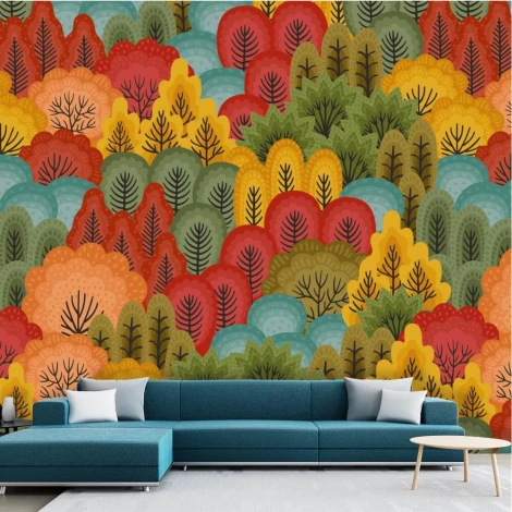 Colorful Forest Wallpaper 0507 - Living room decor with green and red wall shades.