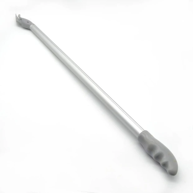 Safe extendable knife - Graphic design. Simple metal arm with ergonomic handle and blade at the end.