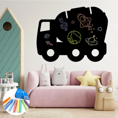 Chalkboard sticker for boys\' room, featuring a concrete mixer design. Bright wall colors and furniture.