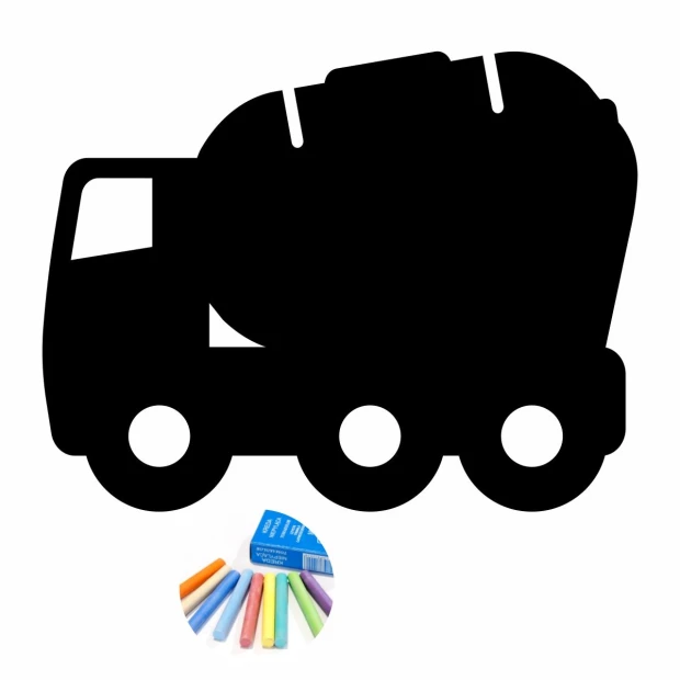 Chalkboard sticker for boys\' room, featuring a black outline of a cement mixer with wheels and colorful accents.