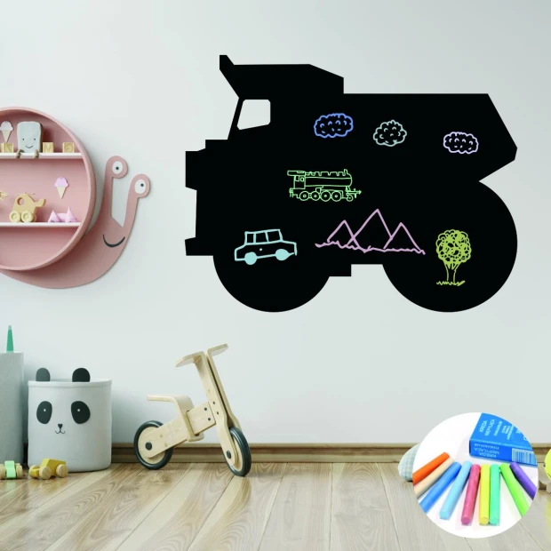 Chalk sticker for boys - Dump Truck 418. Decor for a child\'s room with light-colored walls and wooden flooring.