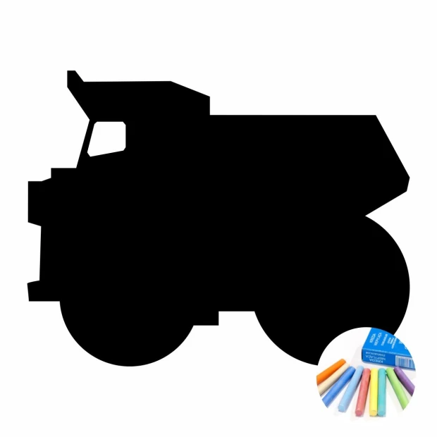 Chalk sticker for boys featuring a black dump truck silhouette with colorful chalks beside it.