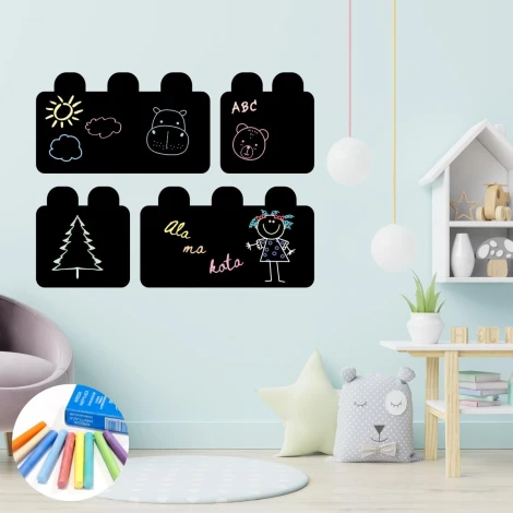 Chalk sticker for kids - Building blocks design. Bright room with a chair and toys in the corner.