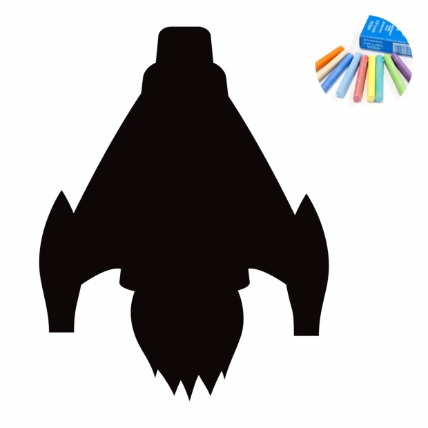 Chalkboard sticker for kids to write and draw, Rocket 421 design. Rocket shape with tail, includes chalk.