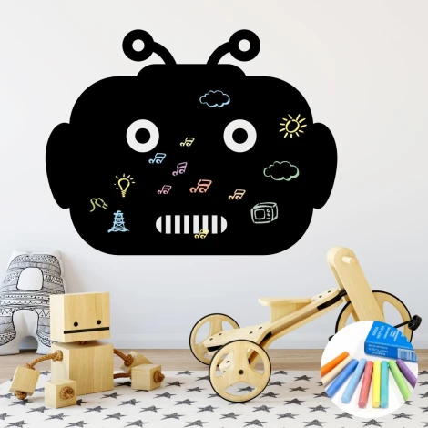 Chalk sticker for kids Robot Head 419 - Decor for a child\'s room. Light-colored walls, wooden toys.