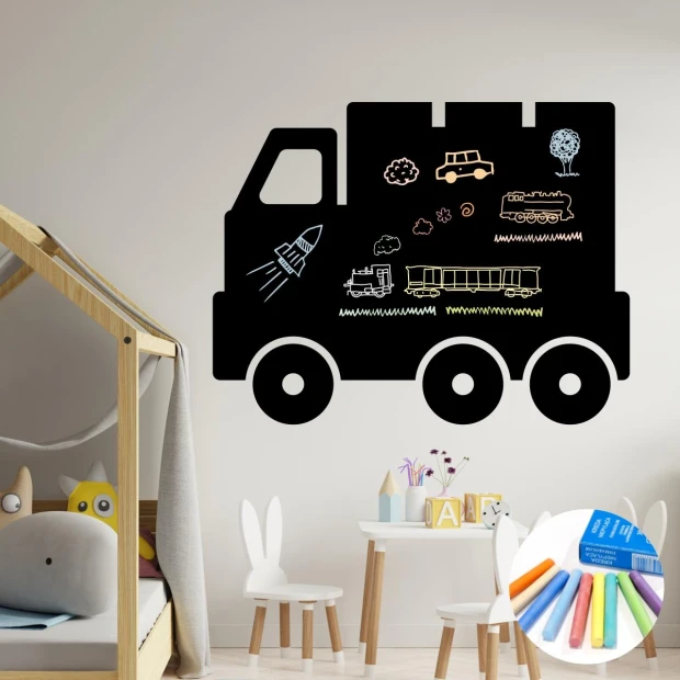 Chalk sticker for boys\' room, Truck design 416 - Brightly colored walls and furniture in a children\'s room setting.