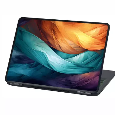 Colorful laptop skin P555 - graphic design with waves in shades of blue and orange.