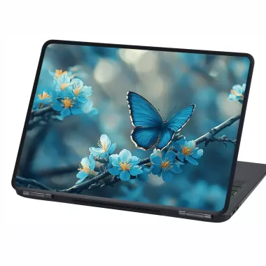 Laptop skin Blue Butterfly P560 - Graphic design featuring a butterfly on a branch with blue flowers and yellow stamens.
