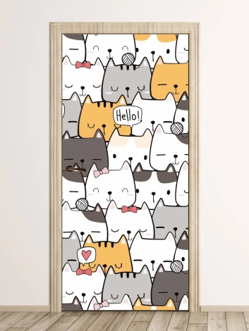 Child\'s room door sticker Cats FP 6341 - Graphic design with colorful cats in various poses on a white background.