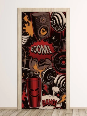 Youth door sticker Speaker, dumbbells FP 6344 - Graphic design featuring a speaker, dumbbells, and text.