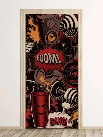 Youth door sticker Speaker, dumbbells FP 6344 - Graphic design featuring a speaker, dumbbells, and text.
