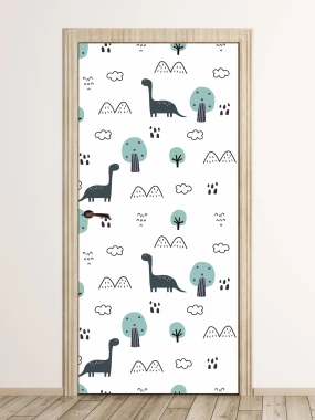 Dinosaur door sticker for kids\' room FP 6340 - Features dinosaurs and clouds on a white background.