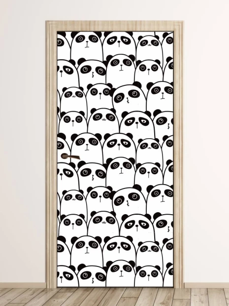 Panda bear door sticker for kids\' room FP 6339 - Features a graphic design with numerous black and white pandas.