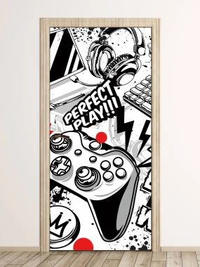 Door wrap for gamer room Perfect Play FP 6343 - Graphic design featuring a controller and headphones.