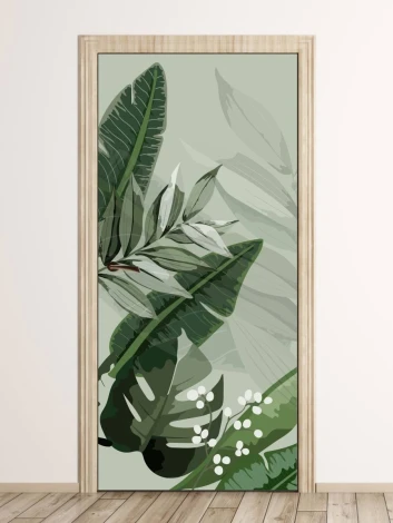 Tropical Leaves Door Wrap FP 6337 - Green leaves on a gray background with white details.
