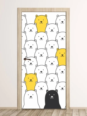 Kids\' room door sticker with bears, FP 6346 - Graphic design. White and black bears on a white background, one yellow.
