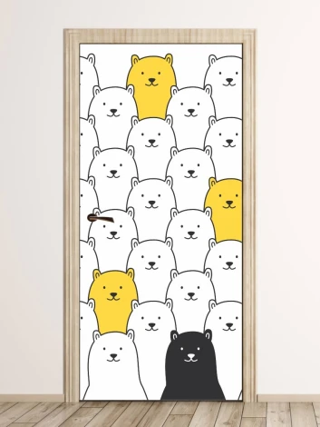 Kids\' room door sticker with bears, FP 6346 - Graphic design. White and black bears on a white background, one yellow.