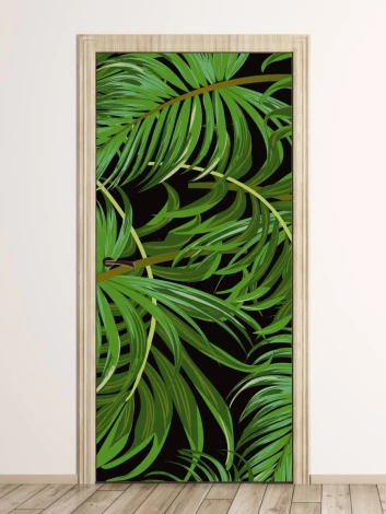 Tropical Leaves Door Wrap FP 6342 - Graphic design with green leaves on a black background in various shapes and arrangements.