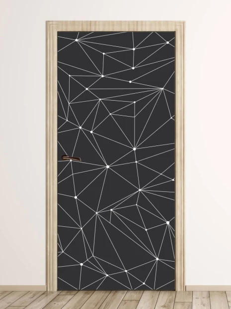 Geometric door wrap FP 6338 - Dark background with white lines and dots creates an abstract design.
