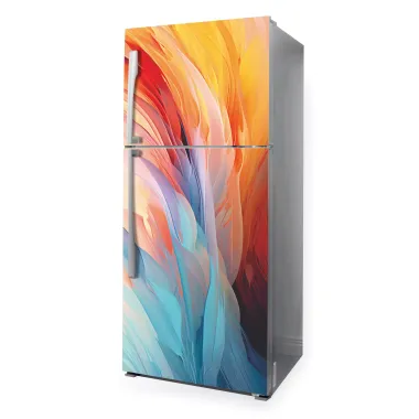 Colorful Feather Refrigerator Wrap P1124 - Graphic design with wavy shapes in shades of orange.