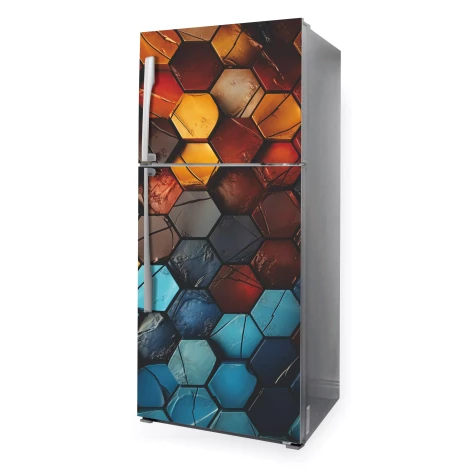 Hexagon Refrigerator Wrap P1129 - Graphic design featuring hexagon shapes in shades of brown and blue.