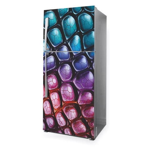 Multicolored fridge wrap P1127 - Graphic design with rounded shapes in shades of blue.