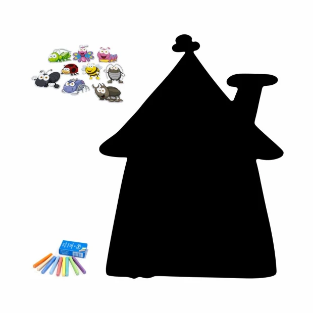 Magnetic chalkboard for kids in a house shape with insect elements for drawing and writing.