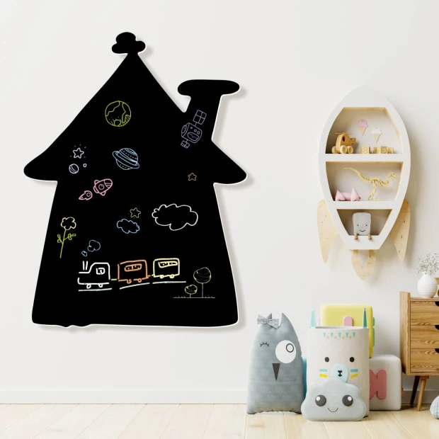 Magnetic chalkboard for kids in house shape with drawings of planets and clouds. Model 412.