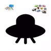 UFO 414 chalkboard - graphic design in the shape of a spaceship with a large round base and small details.