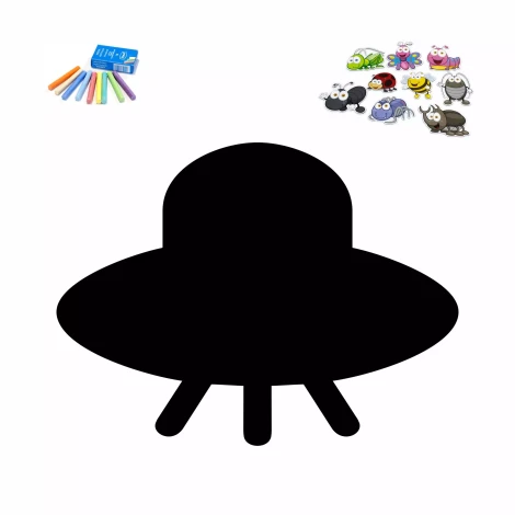 UFO 414 chalkboard - graphic design in the shape of a spaceship with a large round base and small details.