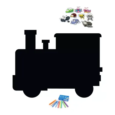 Chalkboard magnetic board Train 419 - locomotive shape with colorful characters and crayons.