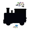 Chalkboard magnetic board Train 419 - locomotive shape with colorful characters and crayons.