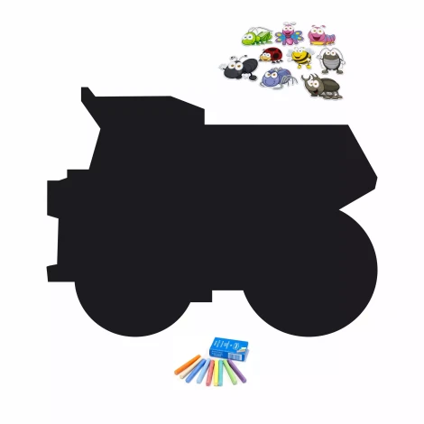 Chalkboard magnetic board for boys, Dumper Truck 418 - Features colorful characters and crayons in a dumper shape.