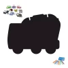 Magnetic chalkboard in the shape of a cement truck with large wheels and a hole on top for easy hanging.