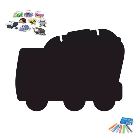 Magnetic chalkboard in the shape of a cement truck with large wheels and a hole on top for easy hanging.