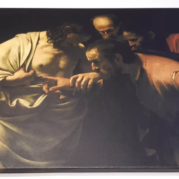 Individual reproduction of Doubting Thomas by M. Caravaggio, canvas stretched on a frame, varnished, 100 x 75 cm.