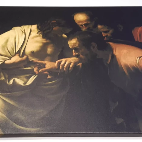 Individual reproduction of Doubting Thomas by M. Caravaggio, canvas stretched on a frame, varnished, 100 x 75 cm.