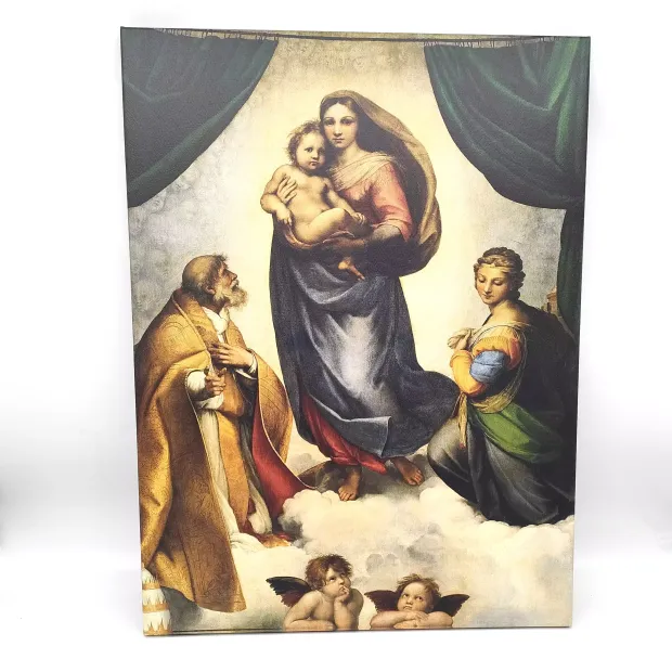 Sistine Madonna reproduction by Raphael Santi - Graphic design featuring figures in robes, clouds, drapes, and angels.