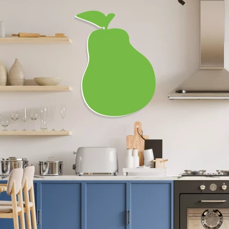 Magnetic whiteboard for the kitchen, Pear 178 - Bright wall decor with wooden shelves.