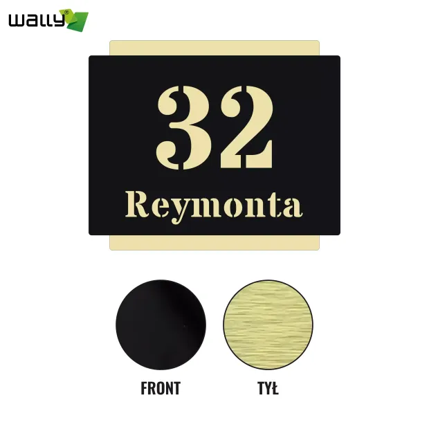 Engraved address plaque in black and gold dibond, 42 x 35 cm, featuring cut-out numbers and text on a black rectangle.
