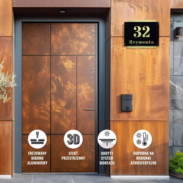 Engraved dibond address plaque 42 x 35 cm black-gold - Modern entryway decor. Brown-toned doors.
