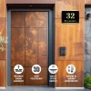 Engraved dibond address plaque 42 x 35 cm black-gold - Modern entryway decor. Brown-toned doors.