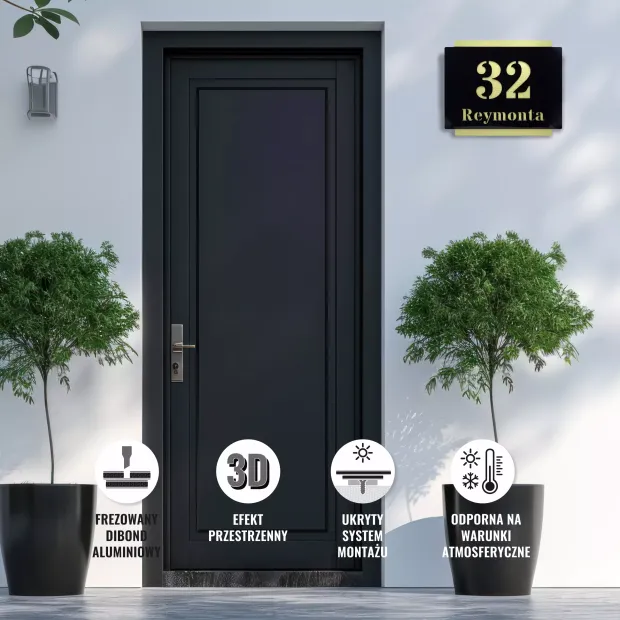 Engraved address plaque in black and gold dibond, 42 x 35 cm - Modern entryway decor with gray walls.