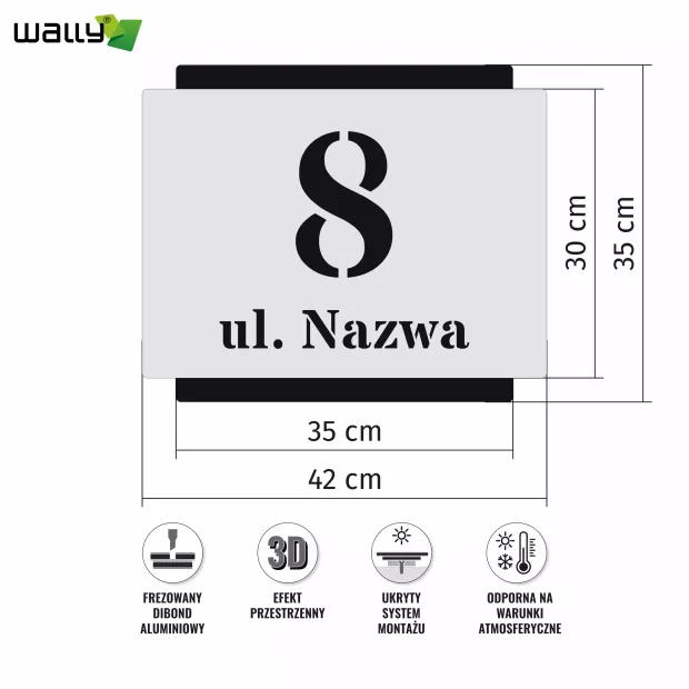 Engraved address plaque in brushed silver-black dibond, 42 x 35 cm, simple rectangular design.