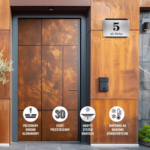 Engraved address plaque in brushed silver-black dibond, 42 x 35 cm - Perfect for modern entryway decor.