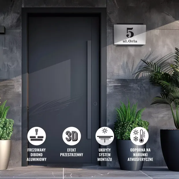 Engraved dibond address plaque 42 x 35 cm silver-black brushed finish - Ideal for modern entryway decor.
